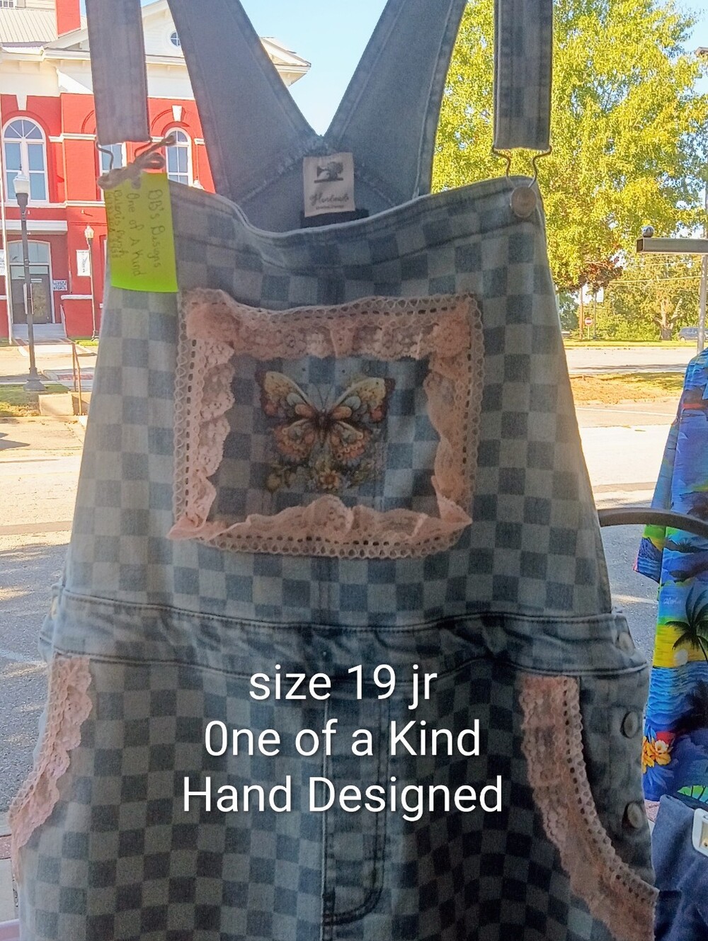 One Of A kind Upcycled Decored Size 19 jr. blue white Check bibb Shortall Shorts